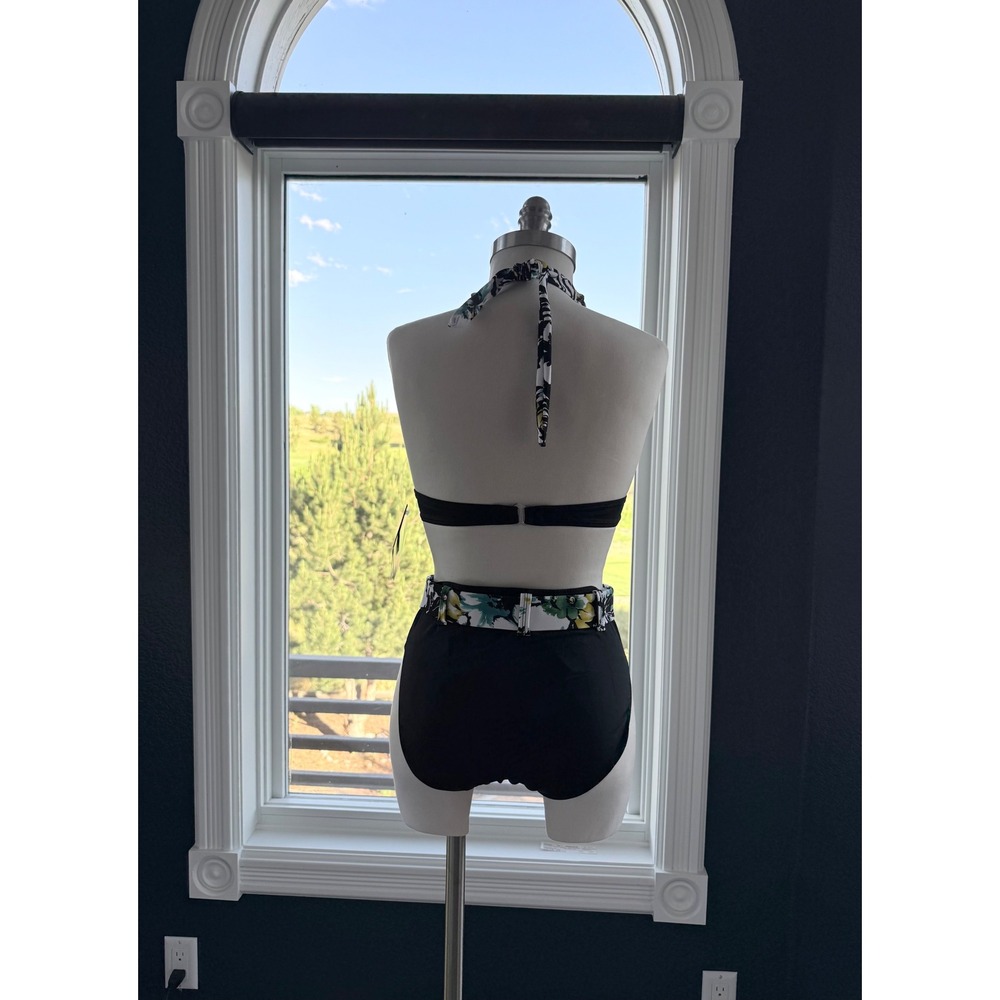 Newport News Swim Womens Floral Halter Bikini Set Belted High Waist Black 10 NEW - Picture 5 of 11